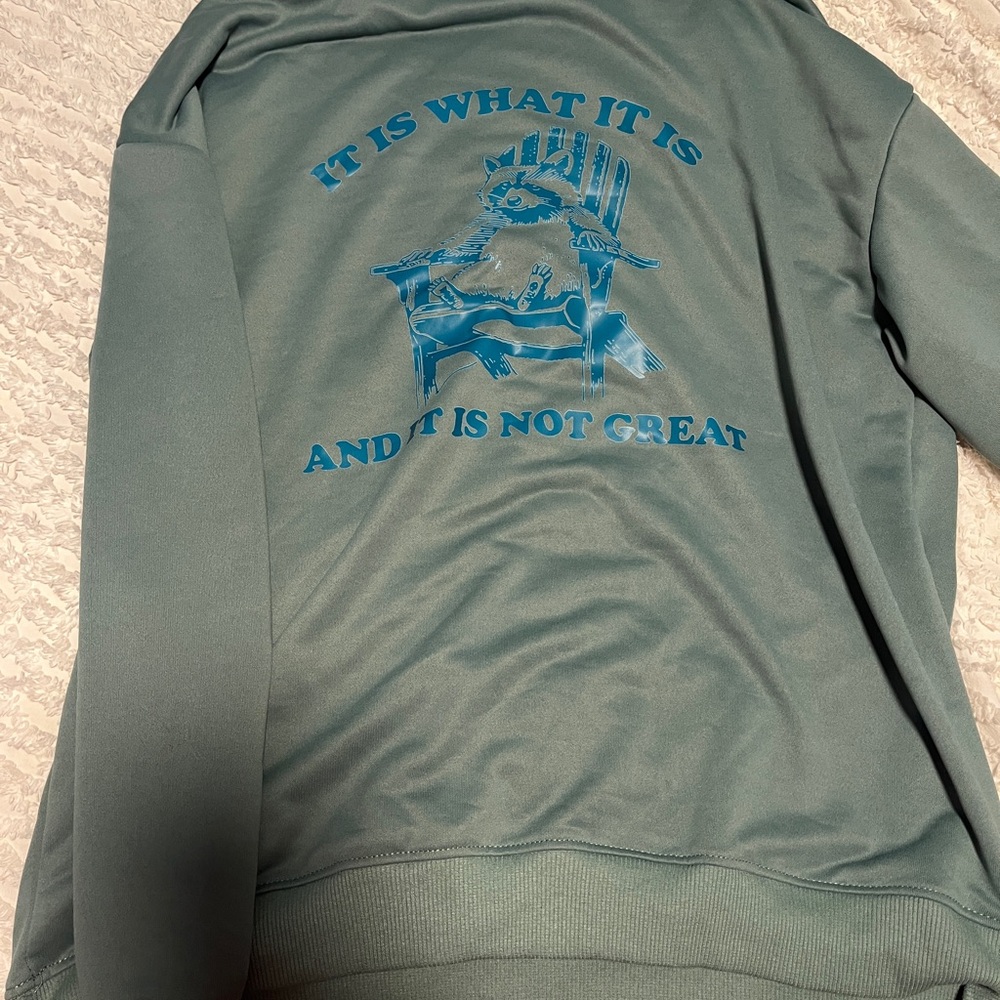 Raccoon Green Sweatshirt with Blue Graphic